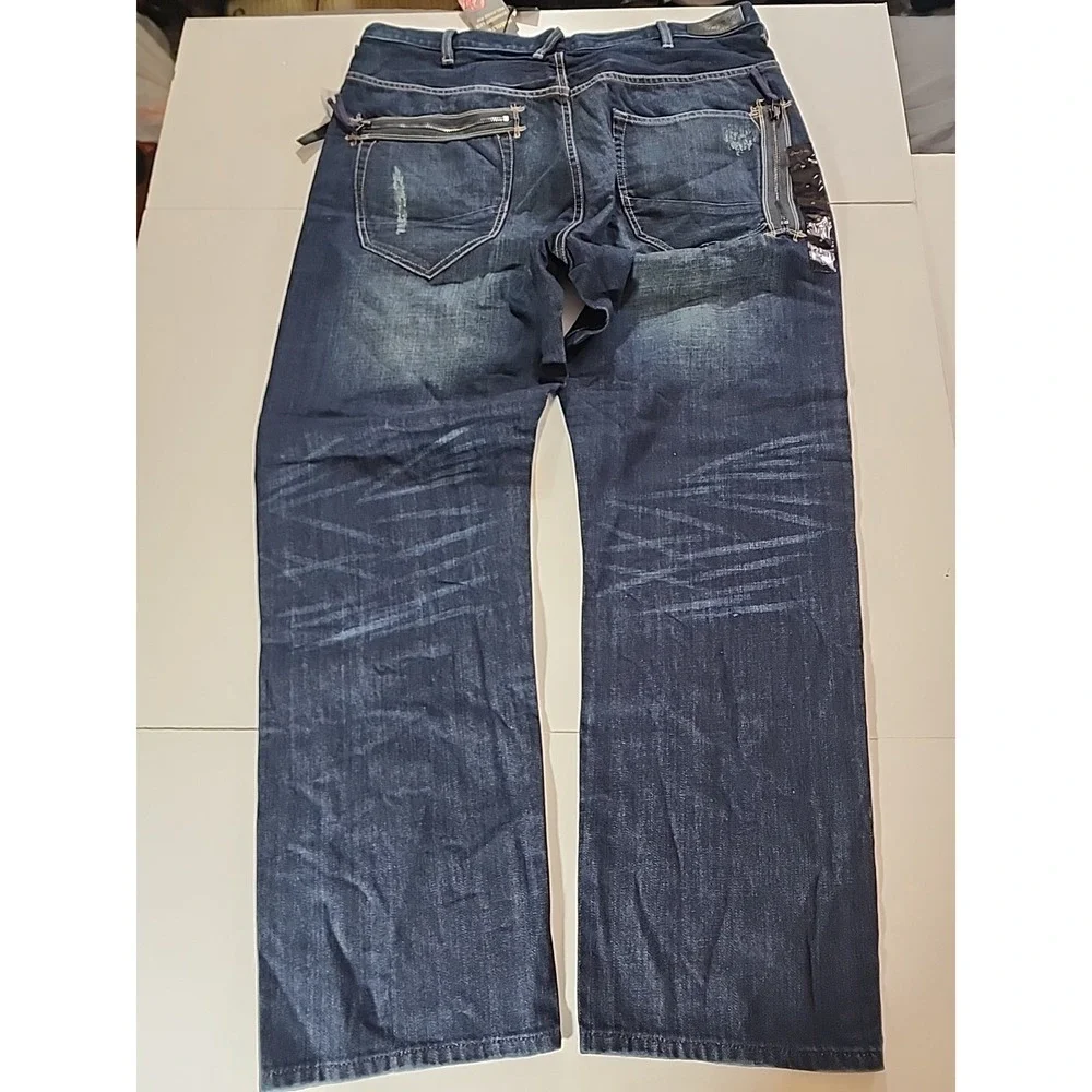 Sean John 40x33 Hamilton Distressed Jeans Zipper Pocket Detail Blue Relaxed Fit - Picture 7 of 12